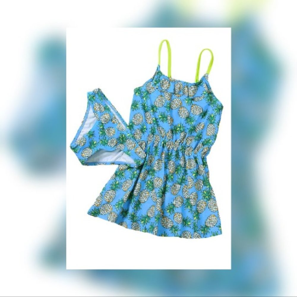 Blue Pineapple Print Little Girls Swimdress